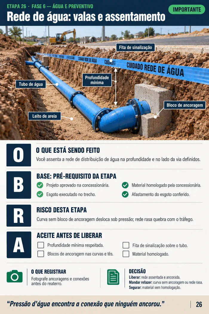 Página da etapa 26: rede de água: valas e assentamento